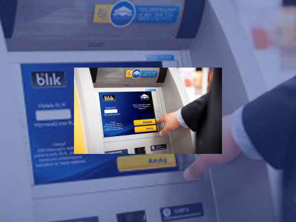 A photo showing the Blik logo on the screen of a Euronet ATM
