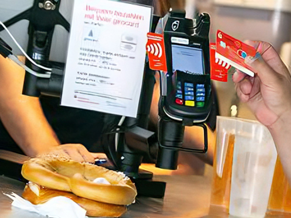 A photo of a person buying goods with a contactless credit card