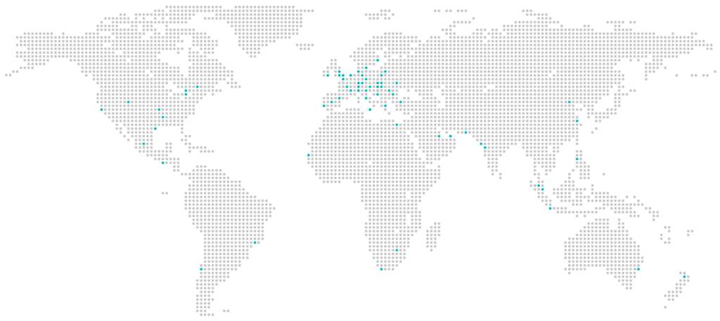 A map showing approximate locations of Euronet offices across the globe