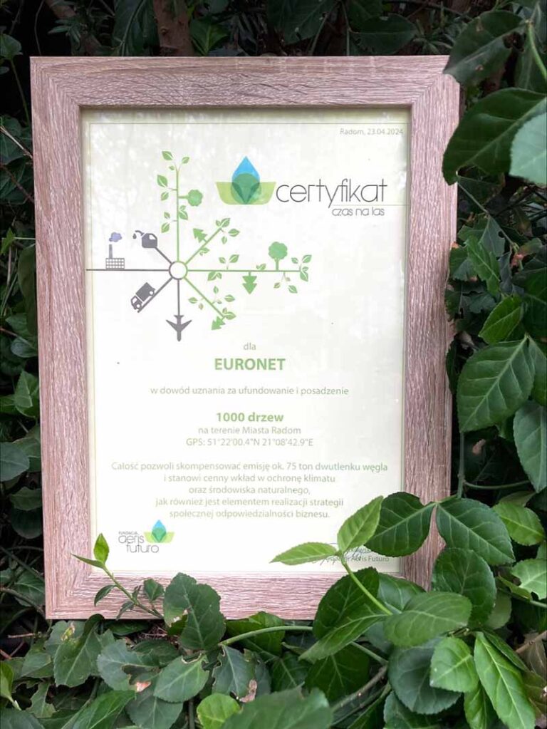 A photo of the certificate awarded to the Euronet employees in Poland