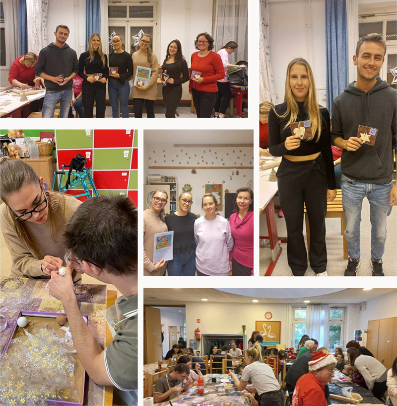 Images of Euronet employees creating gifts for a charity in Budapest